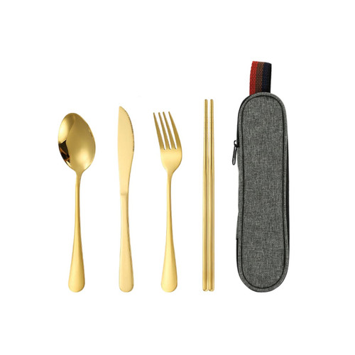 A travel cutlery set in gold featuring a spoon, knife, fork, and chopsticks, packed in a grey case with a logo.