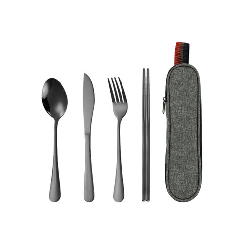 A travel cutlery set featuring a spoon, knife, fork, and chopsticks, enclosed in a grey pouch with a coloured zipper.