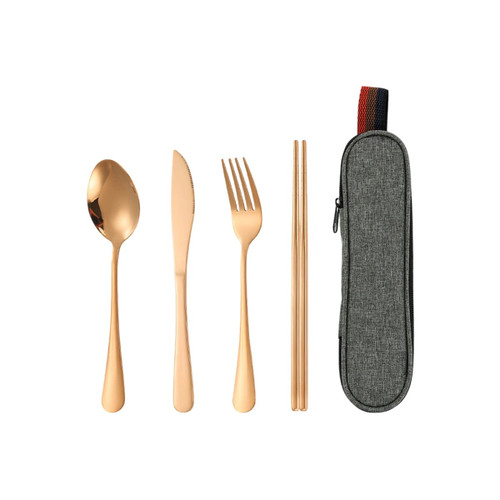 A travel cutlery set with a gold spoon, knife, fork, chopsticks, and a grey carrying case featuring a zip closure.