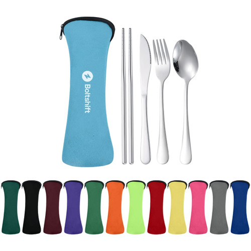 A travel cutlery set in a blue case includes a fork, knife, spoon, and stainless steel straws. Available in various colours.