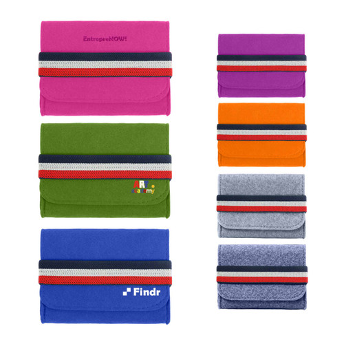 A collection of Felt Essential Oils Travel Organisers in pink, green, blue, orange, grey, and purple, each with a striped band.