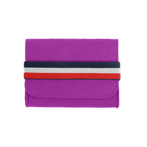 A purple felt travel organiser with a striped elastic band in red, white, and navy. It features a logo.