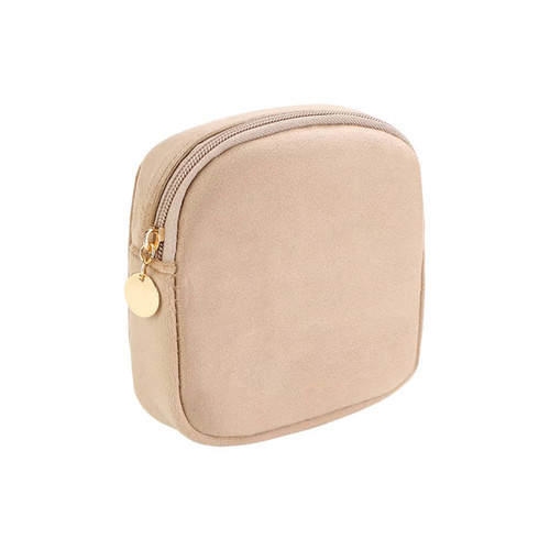 A stylish mini makeup bag in soft beige with a gold zipper and a round zipper pull. It features a simple, sleek design.
