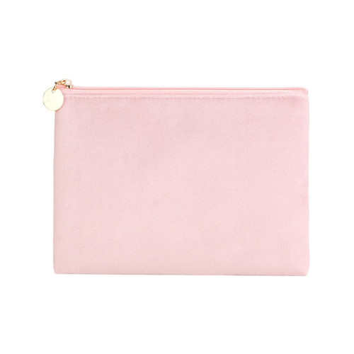 A durable flat makeup bag in a soft pink shade with a gold zip and a small charm.