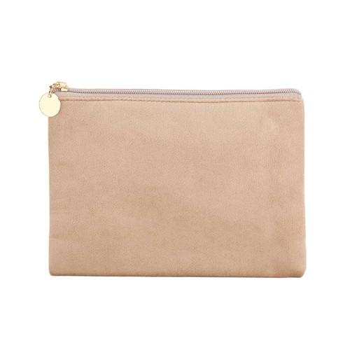 A durable flat makeup bag in a soft beige colour with a zip closure and a small decorative tag.