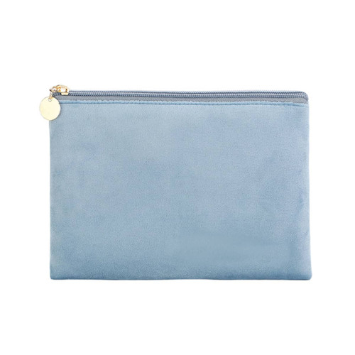 A durable flat makeup bag in a soft blue colour, featuring a gold zipper and a small charm.