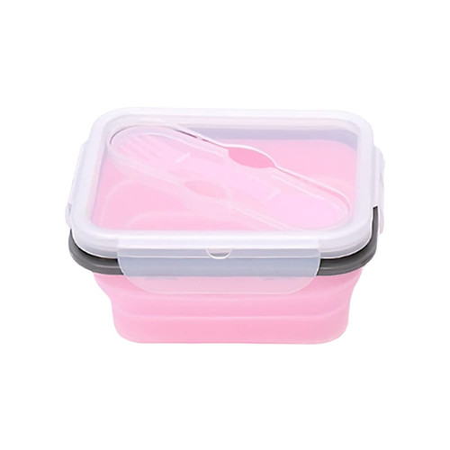 A reusable silicone food storage container in pink with a clear lid and a fork included. Features a logo.