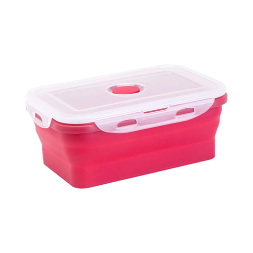 A collapsible silicone food storage container in pink and white with a transparent lid and a small opening.