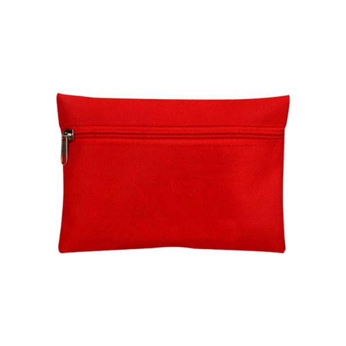 A red pouch with a zip closure, featuring a textured surface and a logo. Ideal for storing first aid items.