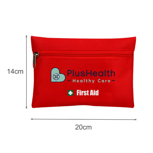 A red travel first aid kit pouch with a zip closure and a logo on the front, measuring 20cm by 14cm.