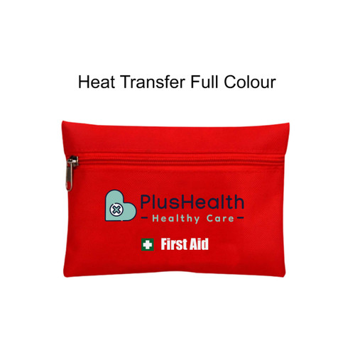 A red pouch with a zipper featuring a logo and text related to first aid.