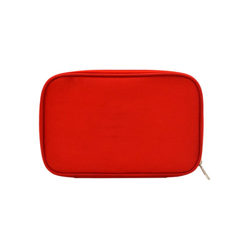 A red empty first aid kit bag with a zip closure and a flat surface. Features a logo.