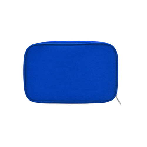A blue first aid kit bag with a zip closure and a blank surface, featuring a logo. No contents are visible.