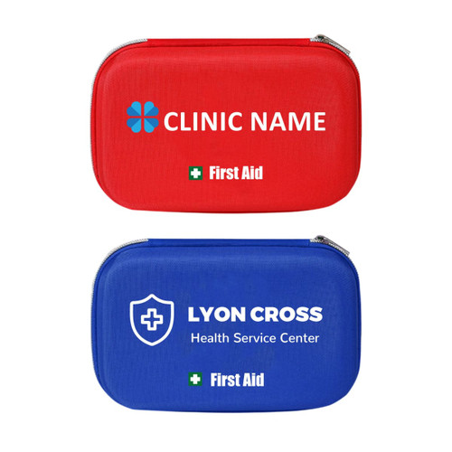 A red and a blue hard shell first aid kit case, each with a logo and white first aid text.