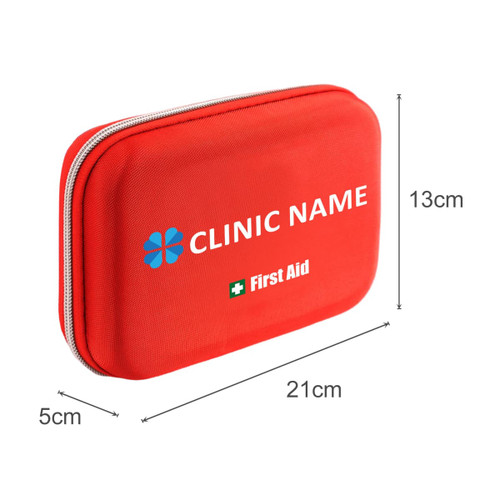 A red hard shell first aid kit case with dimensions labelled, featuring a logo.