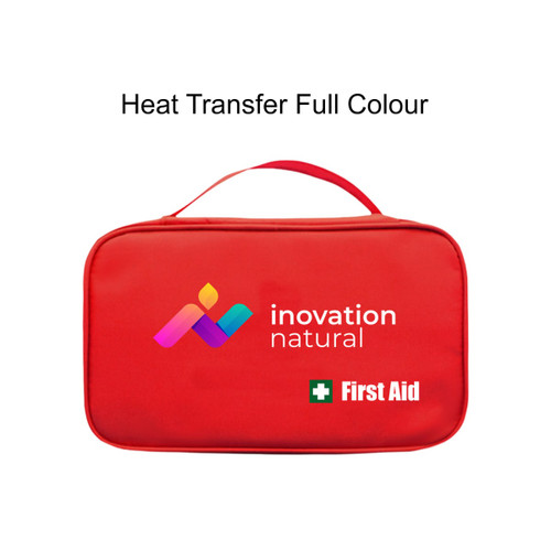 A red first aid kit bag with a handle and a logo on the front, featuring a sleek rectangular design.