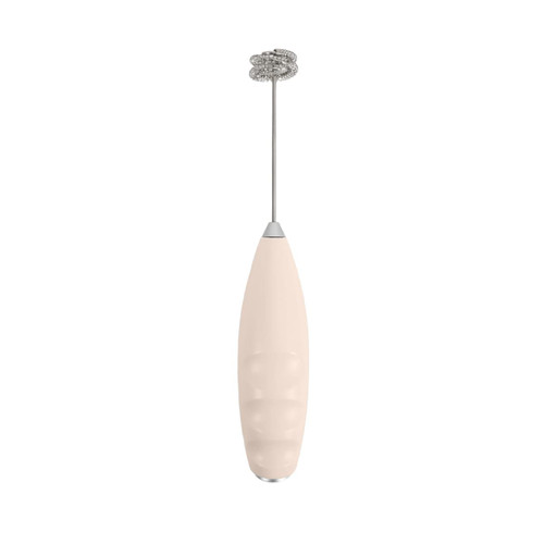 A milk frother in a soft pink hue with a silver whisk attachment, featuring a sleek, elongated design.