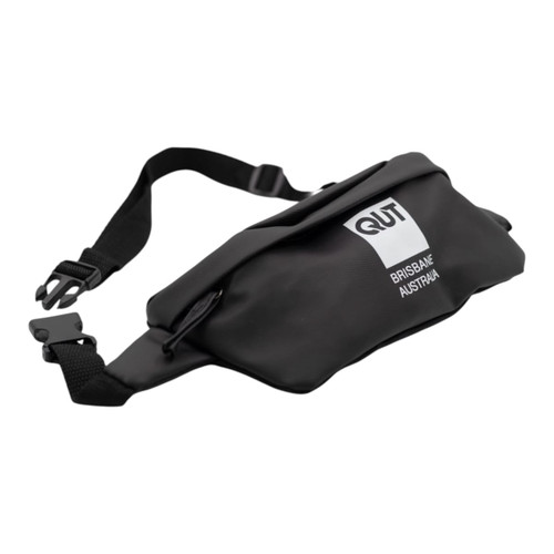 A black duffle bag with a strap and a logo, featuring a sleek design and zippered compartment.