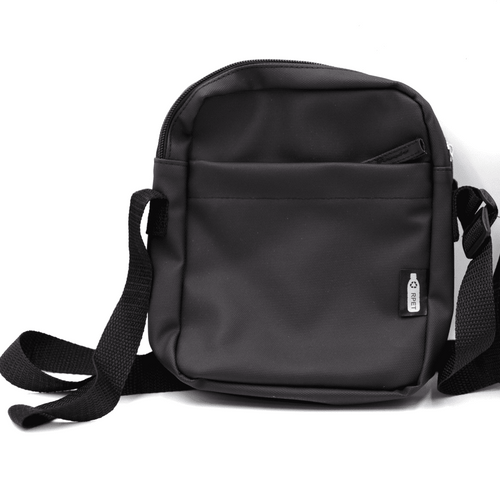 A black messenger bag with an adjustable strap and a zippered pocket. It features a small logo on the side.