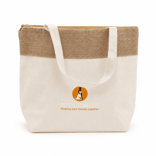 A jute and cotton cooler bag in cream and tan with a logo on the front, featuring sturdy handles.