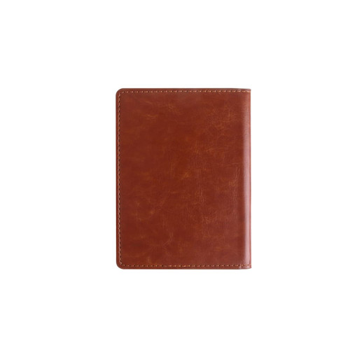 A RFID PU leather passport holder in a rich brown colour with a textured finish and stitching detail. It features a logo.