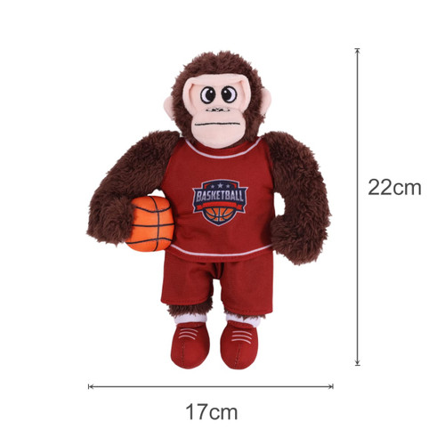 A plush toy of a monkey in a red basketball uniform, holding a basketball. It measures 22cm tall.