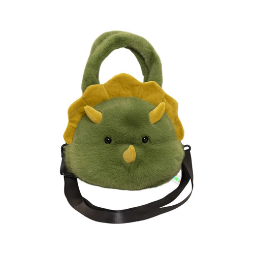 A green plush handbag shaped like a dinosaur, featuring yellow accents and a crossbody strap.