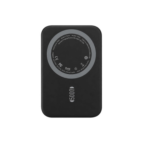 A black 5000mAh magnetic wireless power bank, featuring a smooth surface and a circular branding area on the back.