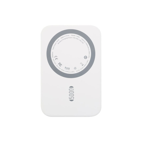 A white 5000mAh magnetic wireless power bank with a circular design on the back, featuring a logo.