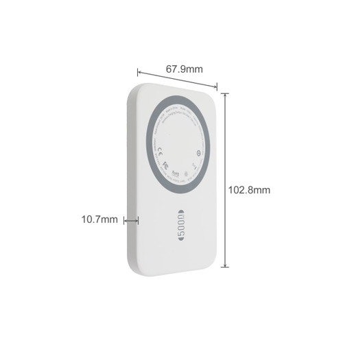 A white 5000mAh magnetic wireless power bank with dimensions displayed, featuring a circular design and a logo.