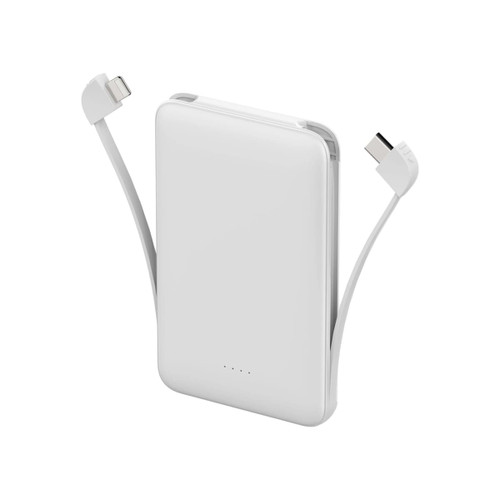 A slim white power bank with an integrated charging cable, featuring multiple USB connectors.