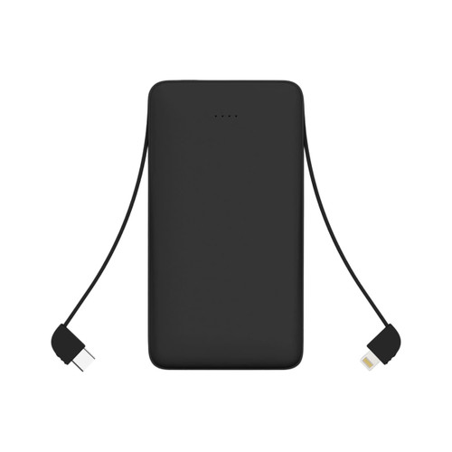 A black 10000mAh slim power bank with an attached charging cable. Features a minimal design and a logo.