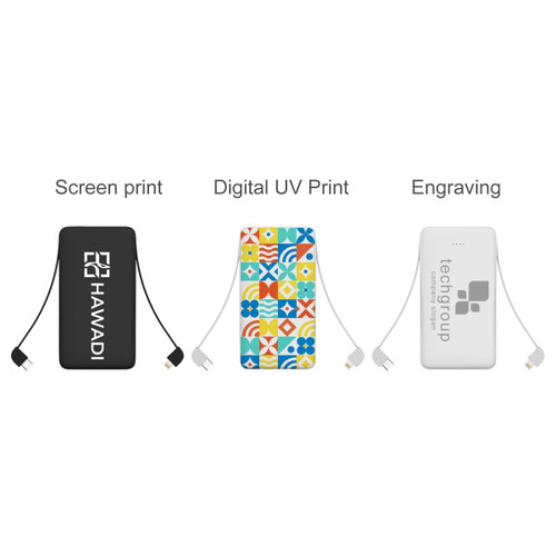 A slim power bank featuring a variety of designs, equipped with charging cables in different colours.