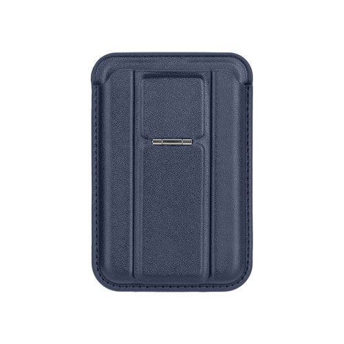 A navy PU magnetic card holder features a phone stand and has a sleek, textured design with a metallic accent.