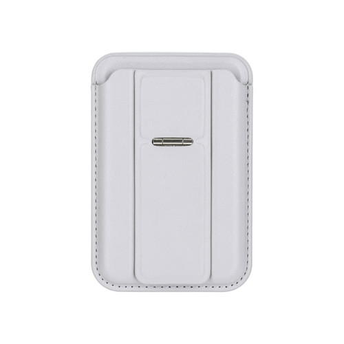 A white PU magnetic card holder with a phone stand feature and a small metal clasp. It has a sleek design.