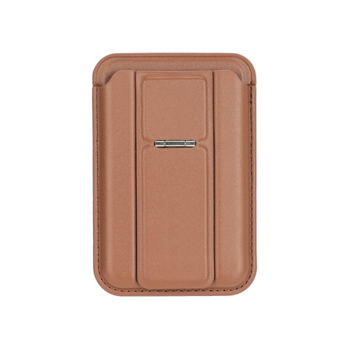 A brown PU magnetic card holder featuring a phone stand, designed with a sleek and minimalistic look.