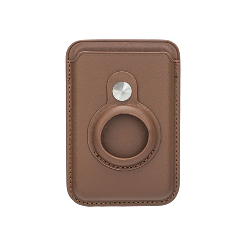 A brown PU magnetic card and Airtag holder with a circular attachment loop and a metallic button.