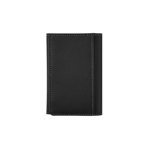 A black PU magnetic wallet with white stitching, featuring a sleek, minimalist design and a branded logo.