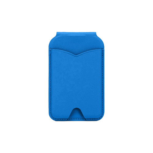 A blue PU magnetic card holder with a mirror, featuring a sleek design and a pocket for cards.