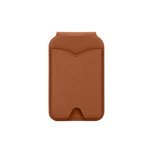 A brown PU magnetic card holder with a sleek design and a cut-out base. Features a textured surface.