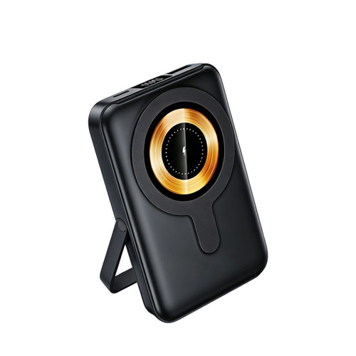 A black 10000mAh magnetic wireless power bank with a phone stand and a circular gold accent. It features a logo.