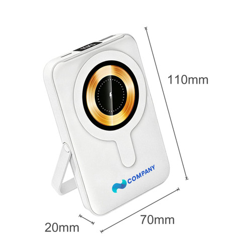 A white 10000mAh magnetic wireless power bank with a gold circular design and a built-in phone stand.