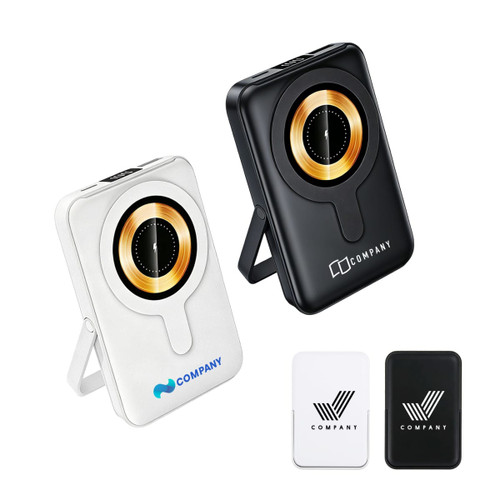 A magnetic wireless power bank in black and white, featuring a phone stand and a logo on each device.