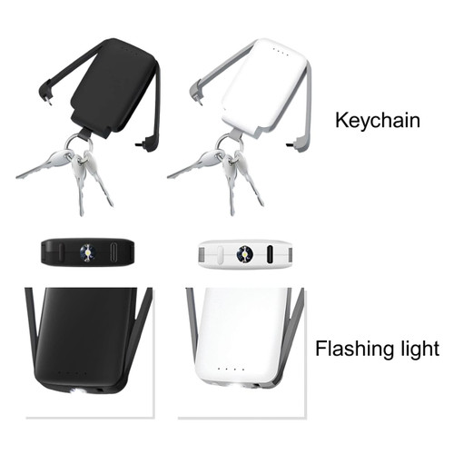 A mini power bank in black and white, featuring a keychain and a built-in flashlight.
