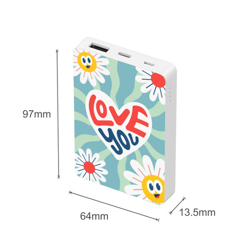 A square power bank in white featuring a colourful design with flowers and the phrase "Love You". Dimensions are 97mm x 64mm x 13.5mm.
