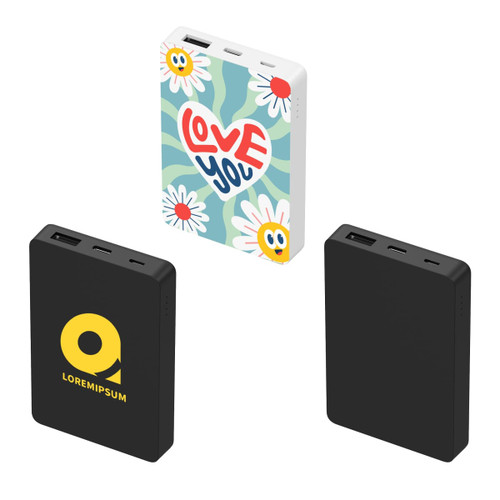 A square power bank in white with a floral design and two black power banks, featuring a logo.