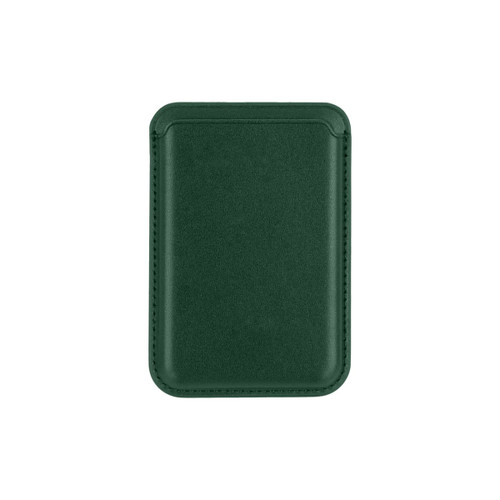 A green PU magnetic phone card holder with a smooth finish and stitching around the edges. It features a logo.