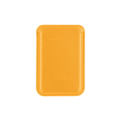 A PU magnetic phone card holder in bright yellow with a smooth finish and a logo on the front.