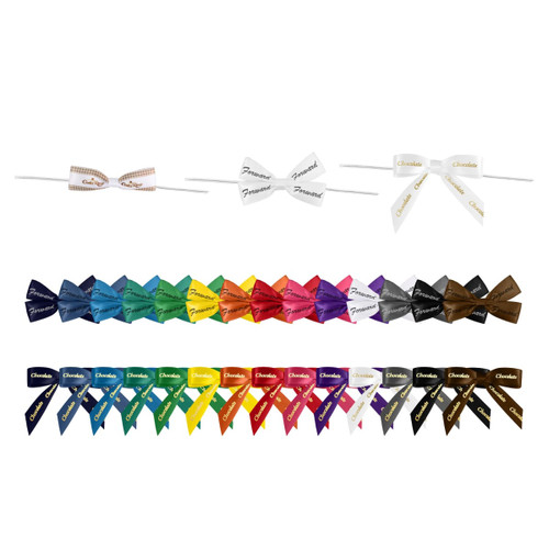 Twist Tie Bows in various colours, including white, red, blue, green, and brown, arranged in rows.