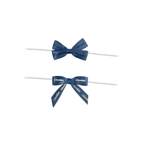 Two navy blue twist tie bows with white ribbons, featuring the words "Forward" and "Chocolate" on the bows.